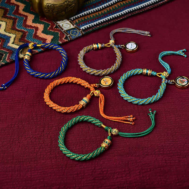 Pulsera de cuerda tejida con dije de rueda de oración Thangka de la suerte hecha a mano tibetana con Buddha Stones