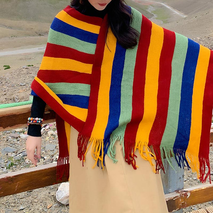 Bufanda de viaje acogedora para invierno con diseño de rayas tibetanas de Buddha Stones, chal con borlas