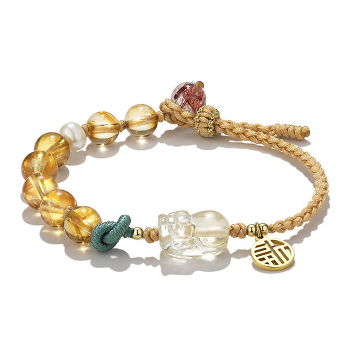 Pulsera trenzada de cuerda de prosperidad con carácter de citrino PiXiu Fu de Buddha Stones