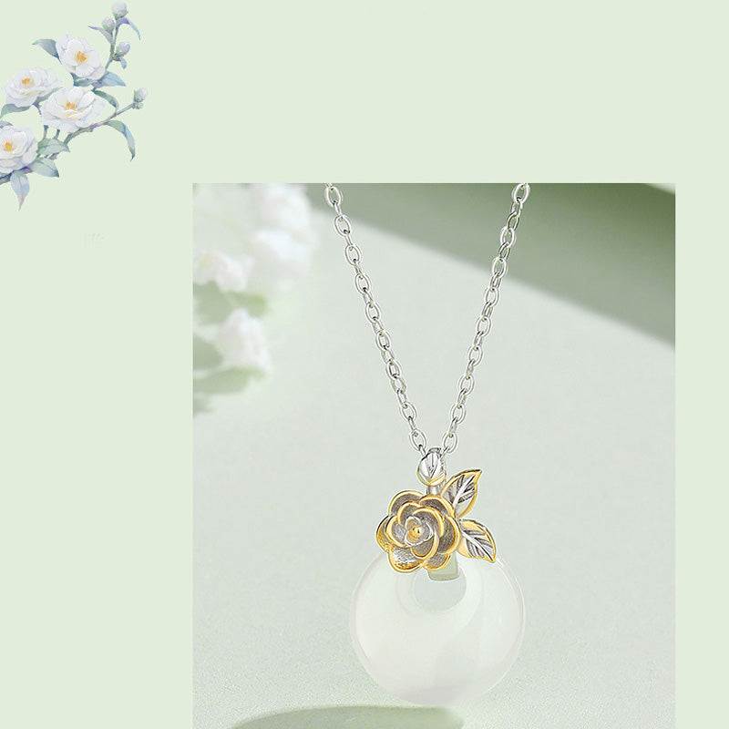 Colgante de collar de armonía de flores de doce meses de calcedonia redonda de plata de ley 925 con Buddha Stones