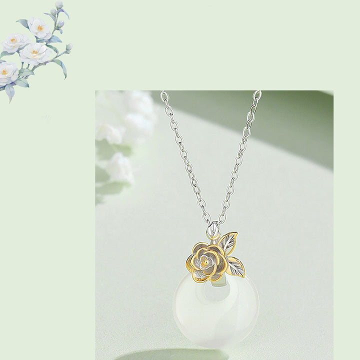 Colgante de collar de armonía de flores de doce meses de calcedonia redonda de plata de ley 925 con Buddha Stones