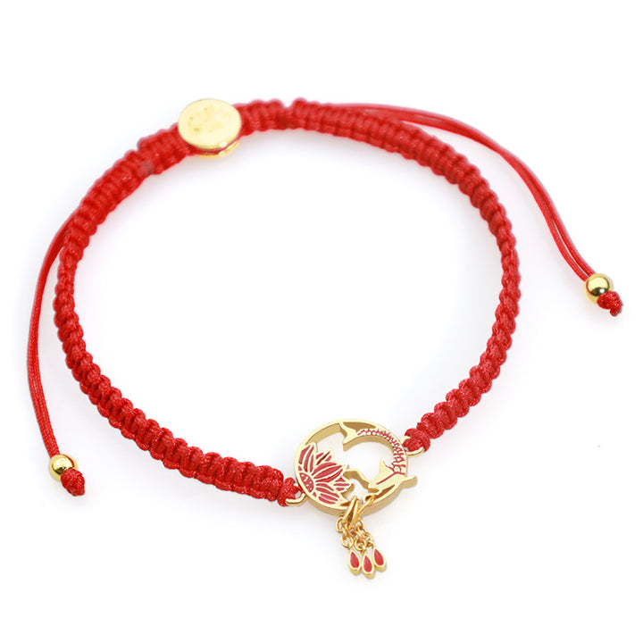 Pulsera de hilo rojo de la suerte con pez Koi de loto hecho a mano tibetano con Buddha Stones