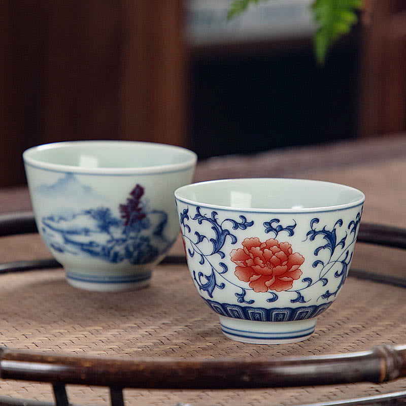 Taza de té de cerámica pequeña con Buddha Stones, paisaje azul, montañas, loto, lindos pabellones de gatos, Magnolia Reed Egrets, taza de té de Kung Fu
