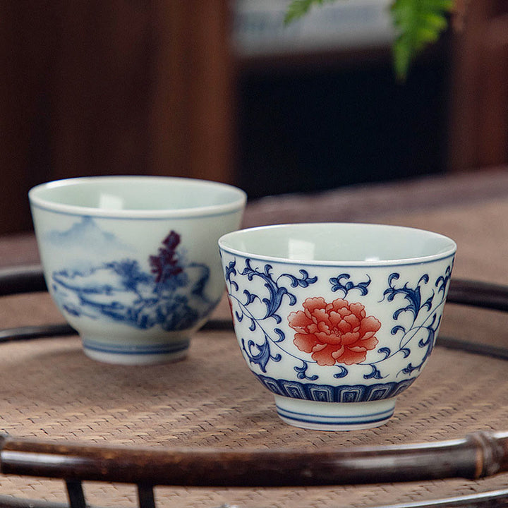 Taza de té de cerámica pequeña con Buddha Stones, paisaje azul, montañas, loto, lindos pabellones de gatos, Magnolia Reed Egrets, taza de té de Kung Fu
