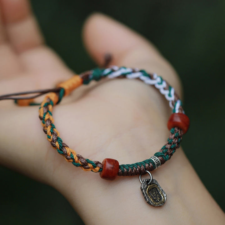 Pulsera trenzada de plata tibetana hecha a mano con Buddha Stones, Plata de Ley 925, Zakiram, diosa de la riqueza, protección de hueso de camello