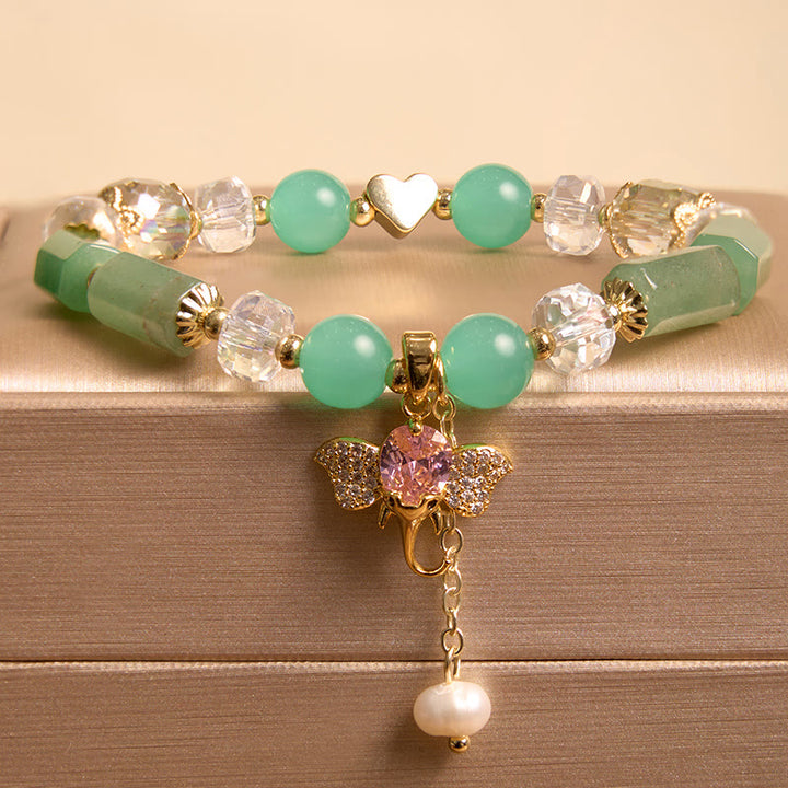 Pulsera con dije de elefante positivo, Buddha Stones , amatista, aventurina verde, cuarzo fresa
