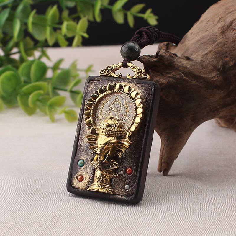 Colgante de cuerda con collar de bendición de Buda, Dios de la fortuna, elefante de madera de ébano
