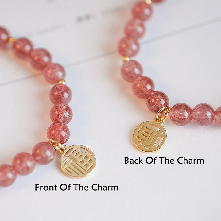 Pulsera con dije curativo de personaje Fu de cuarzo fresa chapado en oro de 14 quilates con Buddha Stones