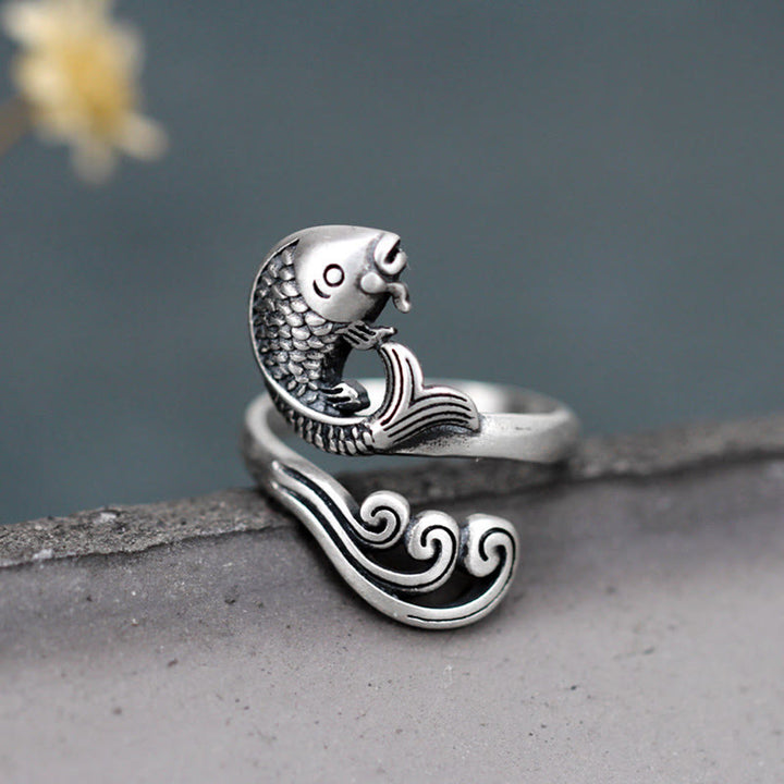 Anillo de plata de ley 925 con Buddha Stones , pez koi, ondulación de agua, suerte y riqueza