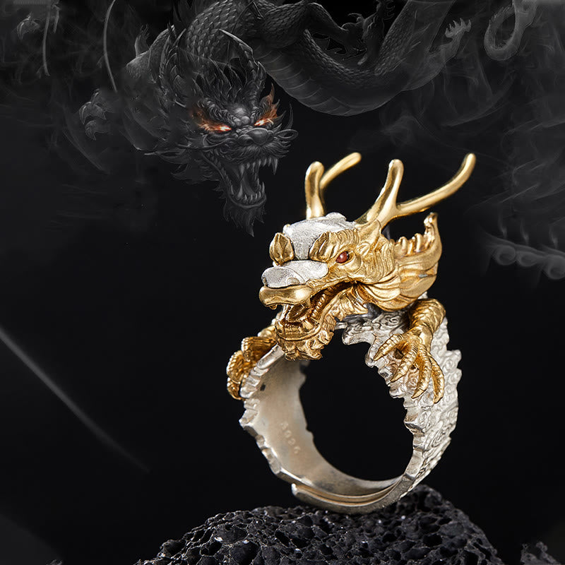 Colgante de anillo ajustable con protección de éxito de la suerte del dragón de plata de ley 925 con Buddha Stones