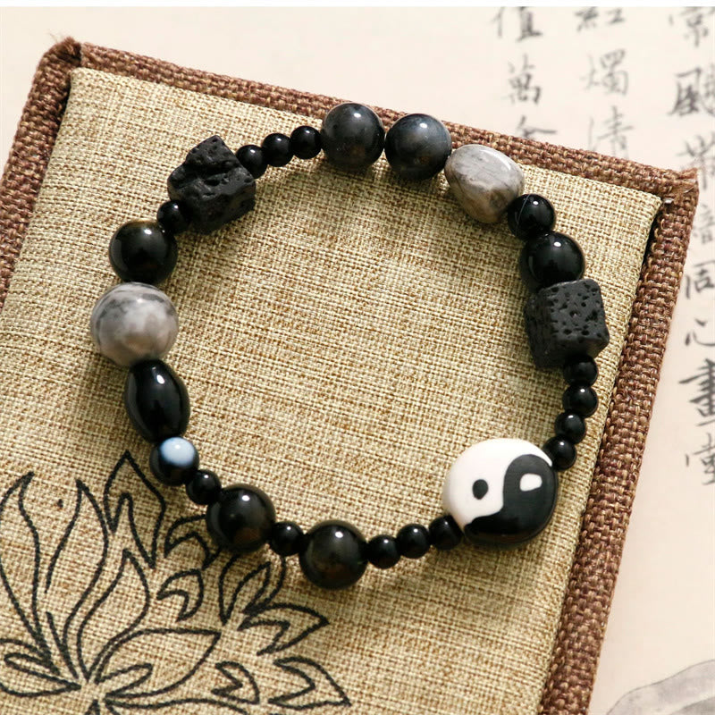 Pulsera de protección de la fortuna Yin Yang con cuentas de jaspe Picasso de ónix negro y Buddha Stones