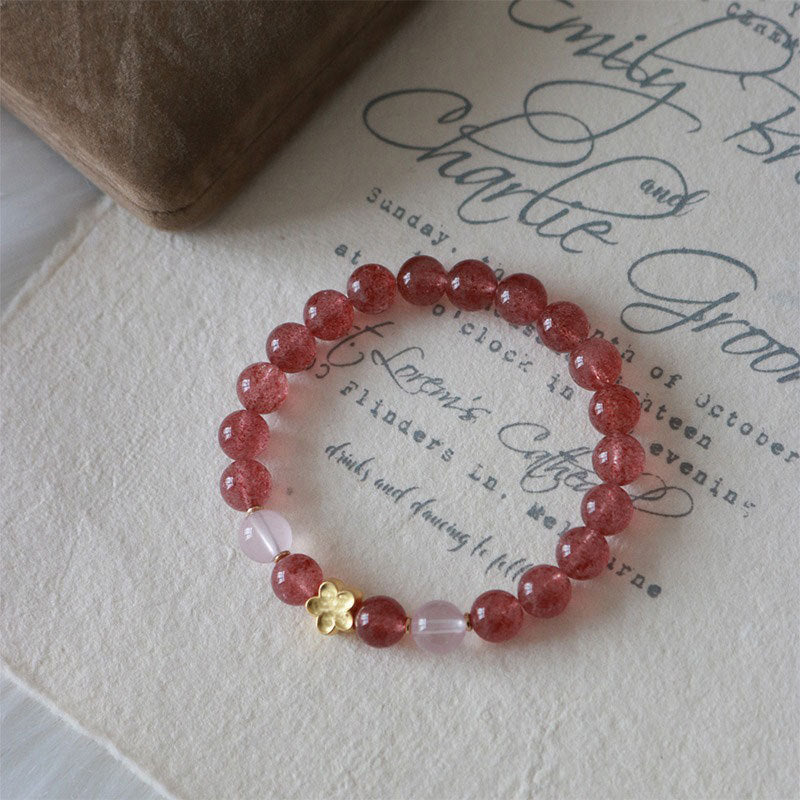 Pulsera curativa de la fortuna con Buddha Stones, Cuarzo Fresa Natural, flor de melocotón, PiXiu