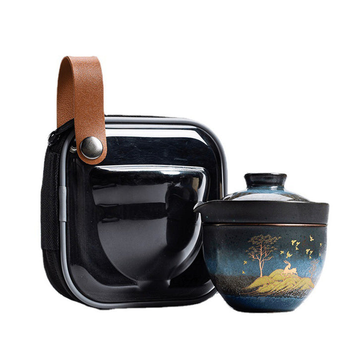 Taza de té de cerámica con Buddha Stones , ciervo, árboles de montaña, gato encantador, taza de té negra con tapa y bolsa