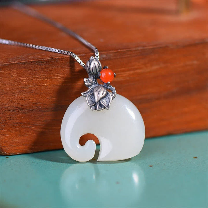 Colgante de collar de protección de loto de elefante de jade blanco - Elefante y cadena de 45+5 cm - image 1