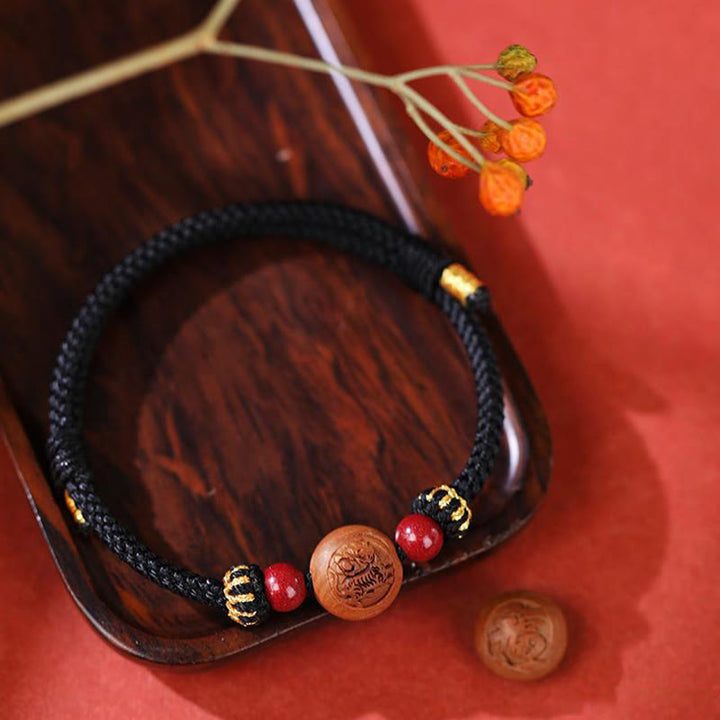 Pulsera de riqueza de cinabrio tallada con carácter del zodíaco chino, madera de melocotón Natural, Buddha Stones
