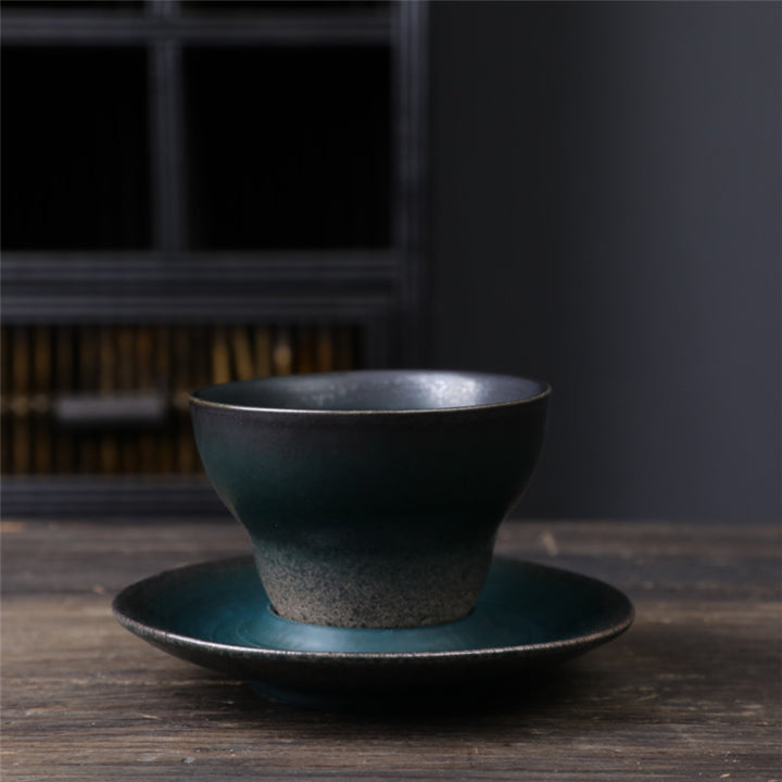 Taza de café de cerámica con diseño de planeta de Buddha Stones, taza de café y té de cerámica rugosa con platillo