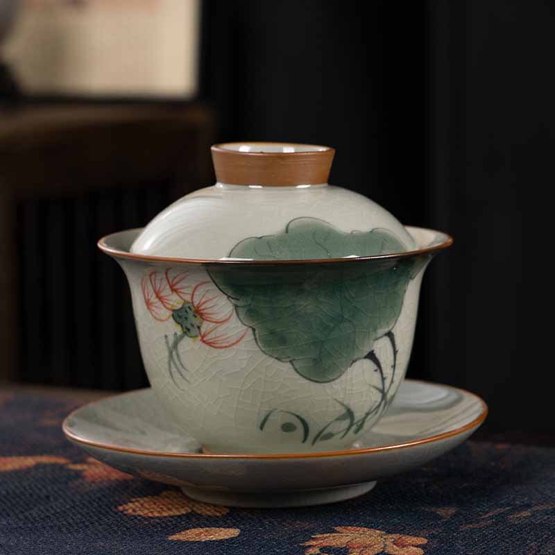Buddha Stones, loto, pez Koi, hoja de vaina, taza de té de cerámica Gaiwan Sancai, taza de té de Kung Fu y platillo con tapa, 140ml