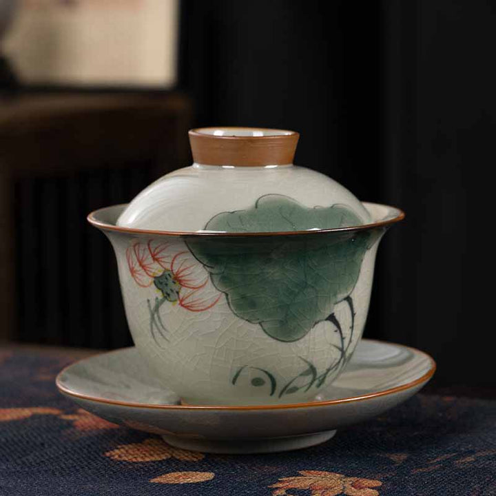 Buddha Stones, loto, pez Koi, hoja de vaina, taza de té de cerámica Gaiwan Sancai, taza de té de Kung Fu y platillo con tapa, 140ml