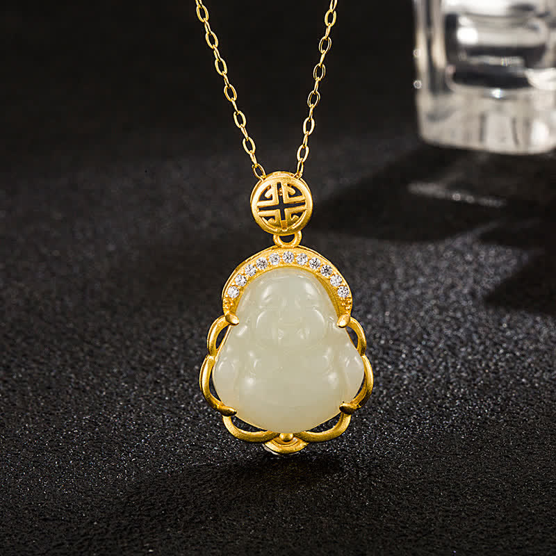 Colgante de plata de ley 925 con diseño de Buda sonriente y jade blanco hetiano - Jade Blanco Hetian (Protección ♥Felicidad) - image 1