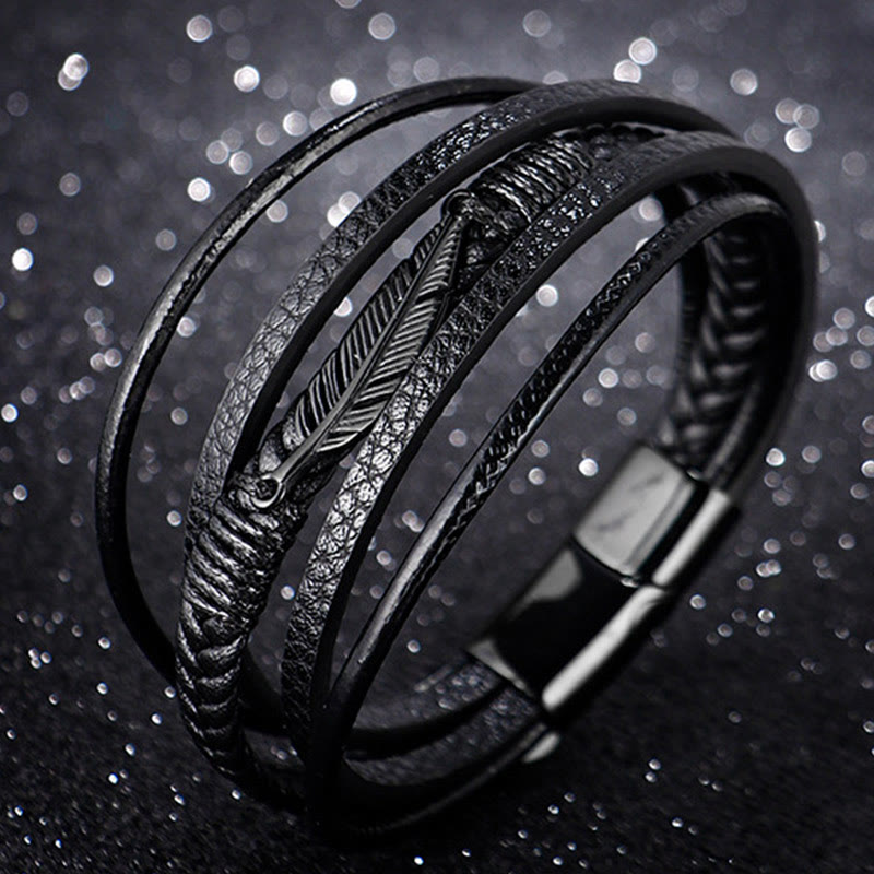 Pulsera con hebilla magnética trenzada de acero titanio y cuero multicapa con diseño de plumas de Buddha Stones