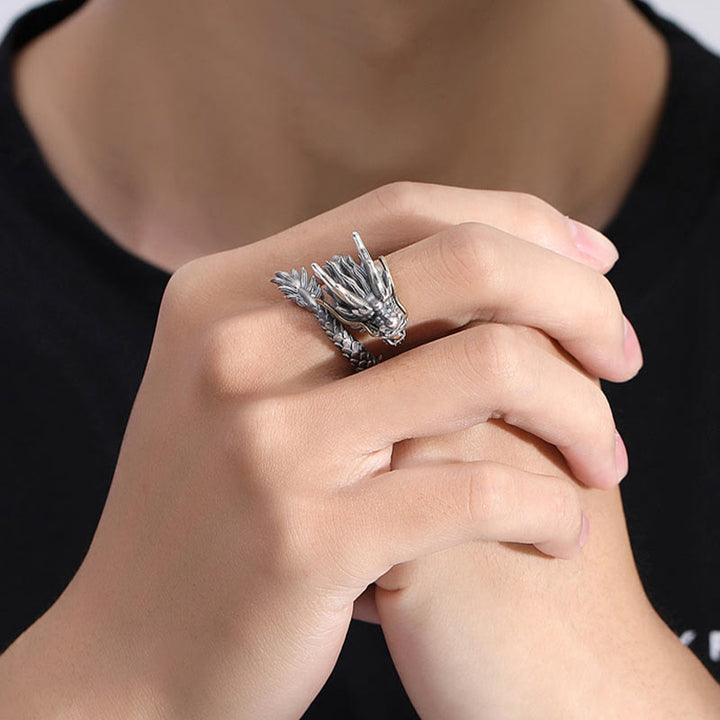 Anillo ajustable de fuerza de protección con diseño de dragón vintage de plata de ley 925 con Buddha Stones