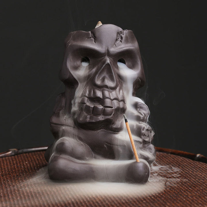 Buddha Stones, cabeza de calavera de Halloween, decoración de quemador de incienso curativo de arcilla púrpura