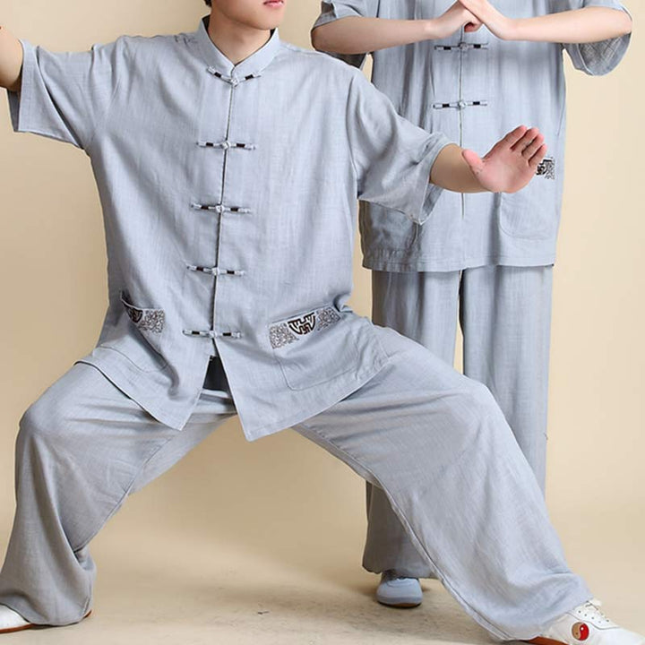 Conjunto de ropa unisex con bordado de Buddha Stones para meditación, oración zen, práctica espiritual de tai chi y qigong - Bordado gris de manga corta - US12, UK/AU16, EU44 (2XL) - image 28