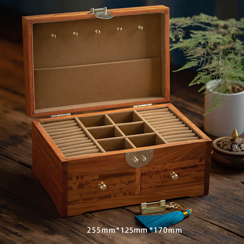 Caja de almacenamiento de joyería de palisandro hecha a mano antigua, caja organizadora de regalo de madera con flores de doble capa grande con cerradura