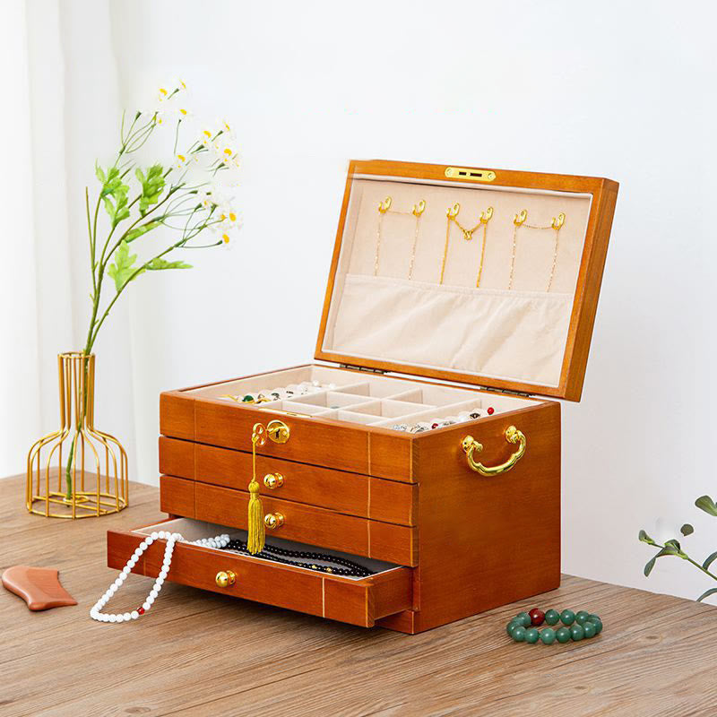 Caja de joyería de madera maciza retro con Buddha Stones, caja de almacenamiento de joyería de madera de cuatro capas