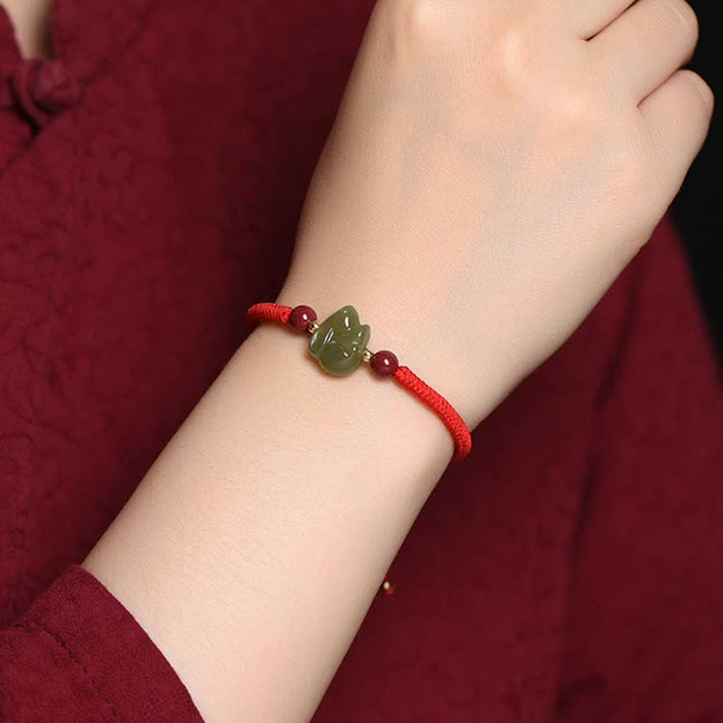 Año del Conejo Hetian Jade Bunny Cinabrio Con Cuentas Pulsera de Hilo de Abundancia