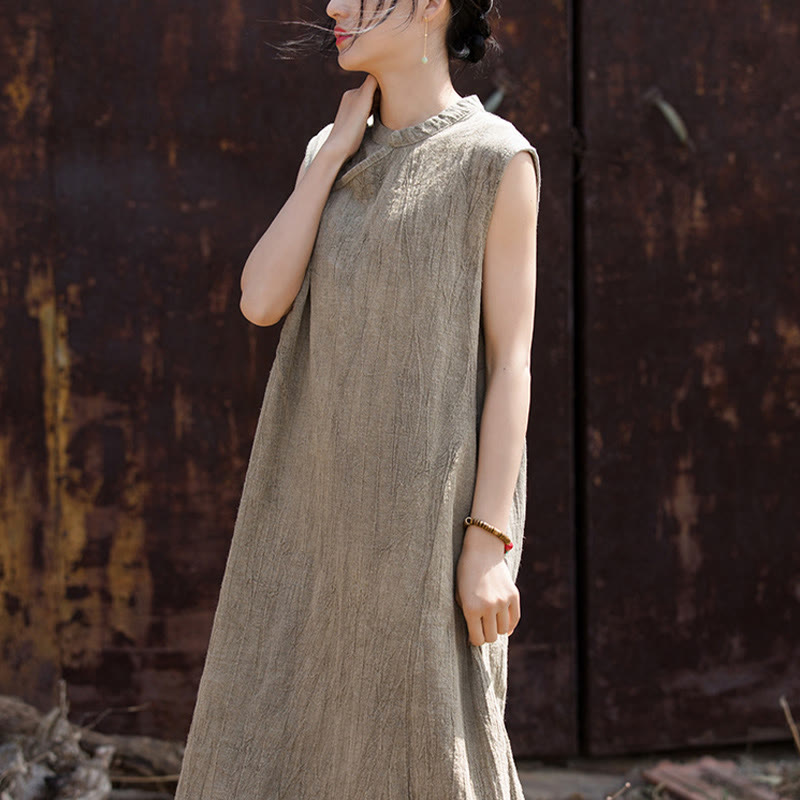 Vestido midi teñido anudado hecho a mano con Buddha Stones Vestido sin mangas de lino