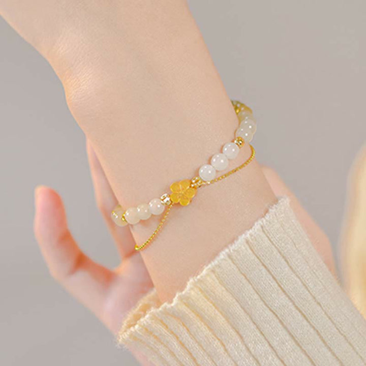 Pulsera de cadena de la suerte de flor de melocotón de jade hetiano natural de plata de ley 925 con Buddha Stones