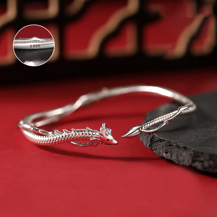 Brazalete de plata de ley 925 con Buddha Stones, diseño del año del dragón, pulsera de metal de la suerte