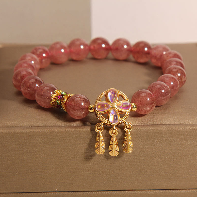 Pulsera de amor con dije de atrapasueños de trébol de cuatro hojas de cuarzo fresa Natural con Buddha Stones