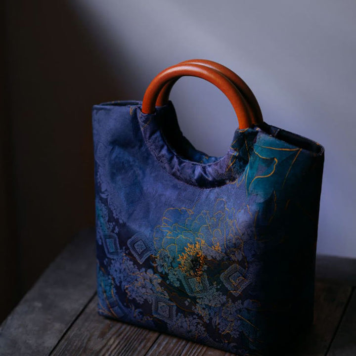 Bolso de mano con mango de madera maciza, Buddha Stones , flor de peonía, hojas de bambú, pájaro