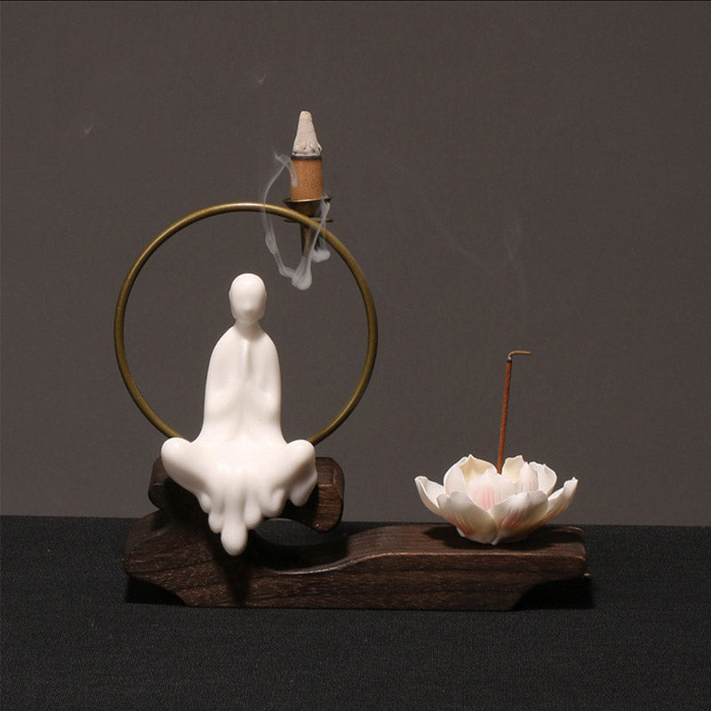 Quemador de incienso de meditación curativa de loto de cerámica con Buddha Stones , decoración