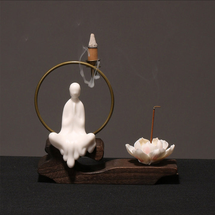 Quemador de incienso de meditación curativa de loto de cerámica con Buddha Stones , decoración
