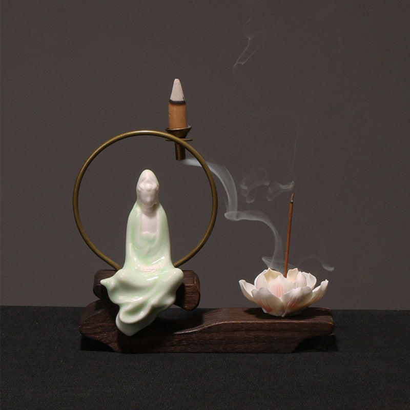 Quemador de incienso de meditación curativa de loto de cerámica con Buddha Stones , decoración