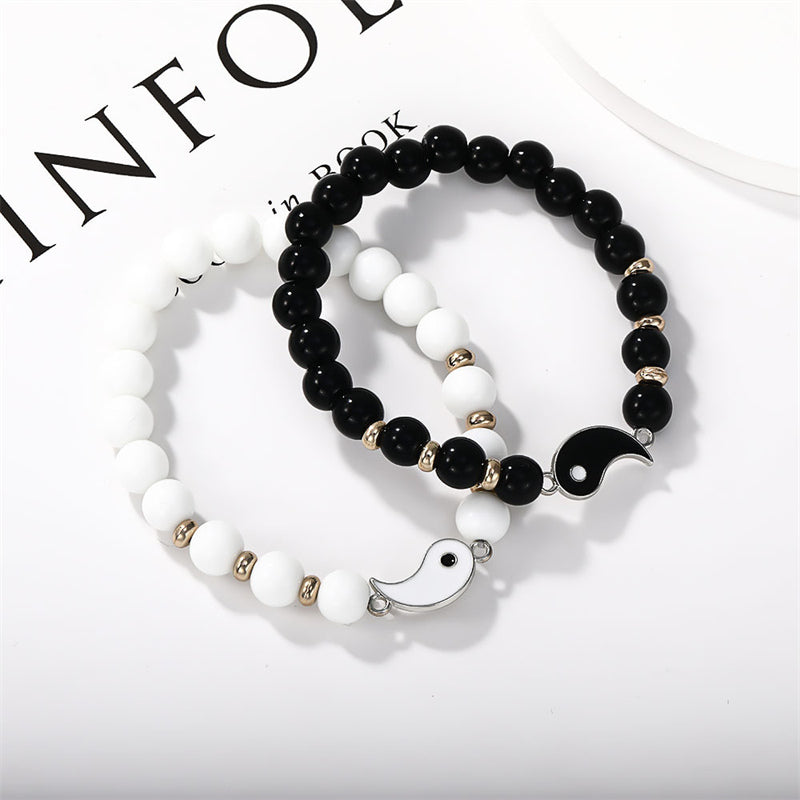 Buddha Stones 2 uds. Pulsera de pareja de protección Yin Yang con cuentas de turquesa blanca y ónix negro - Pequeñas cuentas Yin Yang - image 0