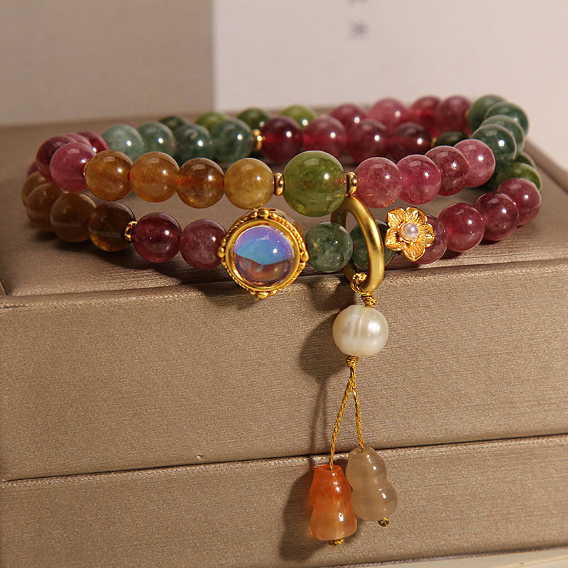 Pulsera con dije de calabaza de doble vuelta positiva con turmalina multicolor y Buddha Stones