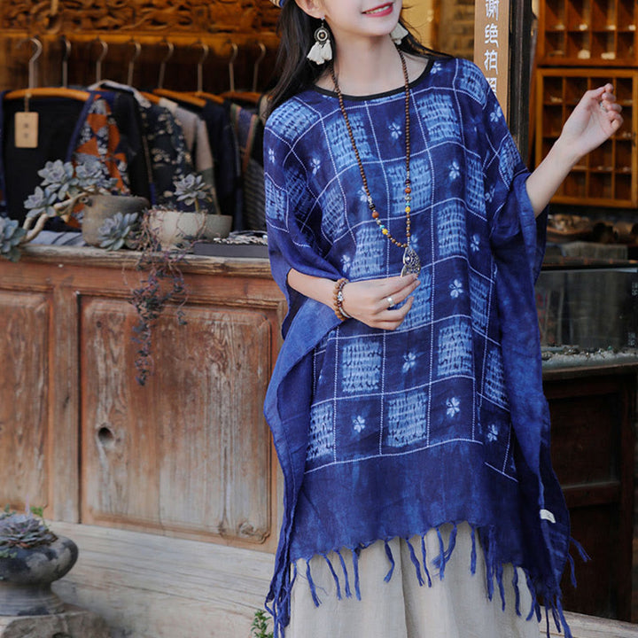 Jersey suave con borlas y chal a cuadros con bloques de Color azul de Buddha Stones 90*95cm