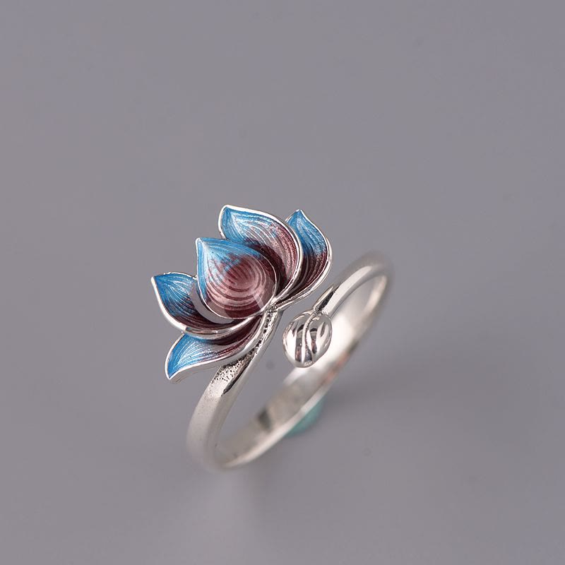 Anillo ajustable de flor de loto de plata de ley 925 con Buddha Stones