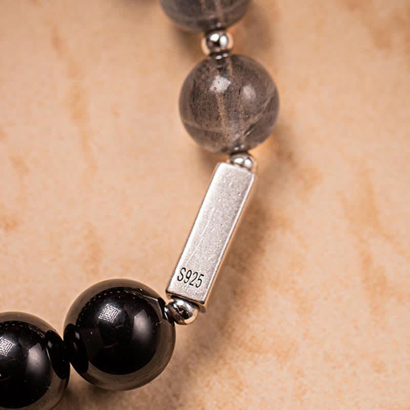 Pulsera de pareja de fuerza de piedra lunar de obsidiana de plata de ley 925