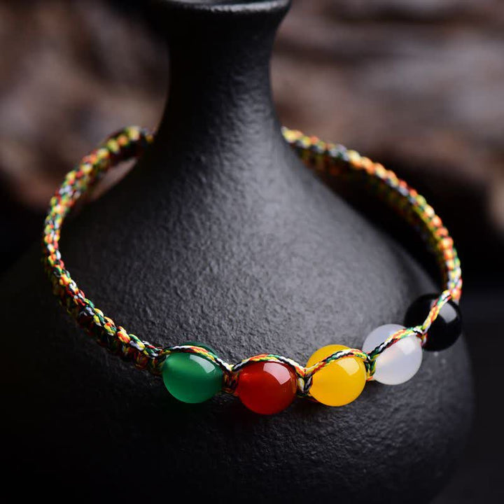 Pulsera de hilo de cinco elementos de ágata colorida, metal, madera, agua, fuego, tierra