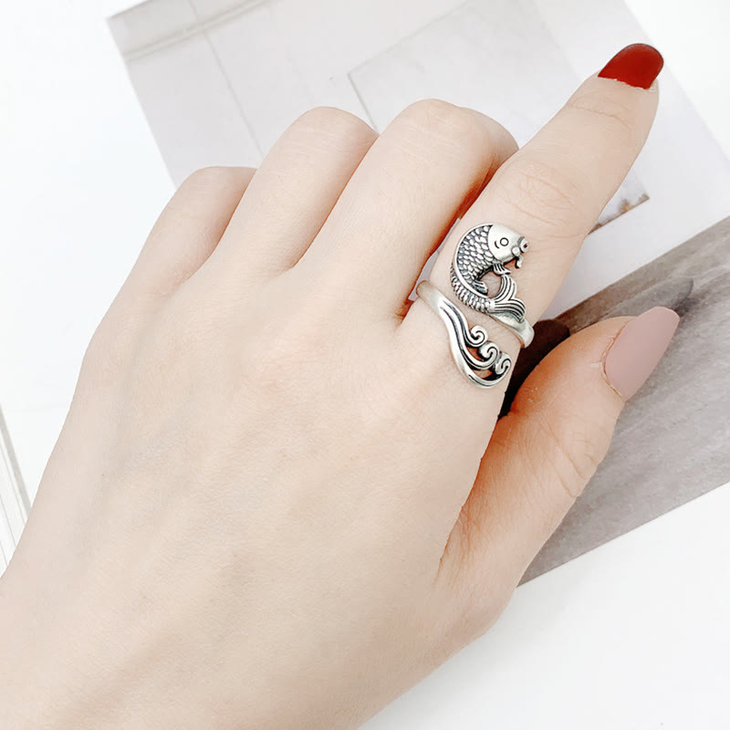 Anillo de plata de ley 925 con Buddha Stones , pez koi, ondulación de agua, suerte y riqueza