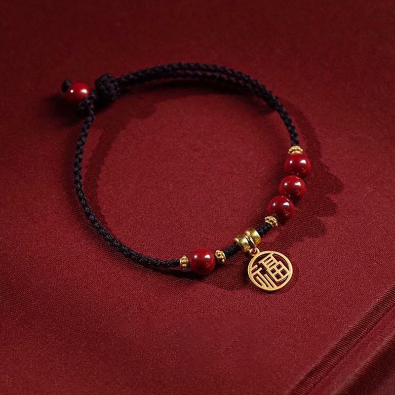 Pulsera de hilo trenzado con cuentas de cinabrio y Buddha Stones , abalorio con carácter Fu