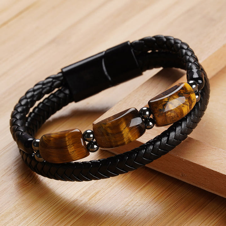 Pulsera de cuero con hebilla magnética y protección de ojo de tigre natural con Buddha Stones