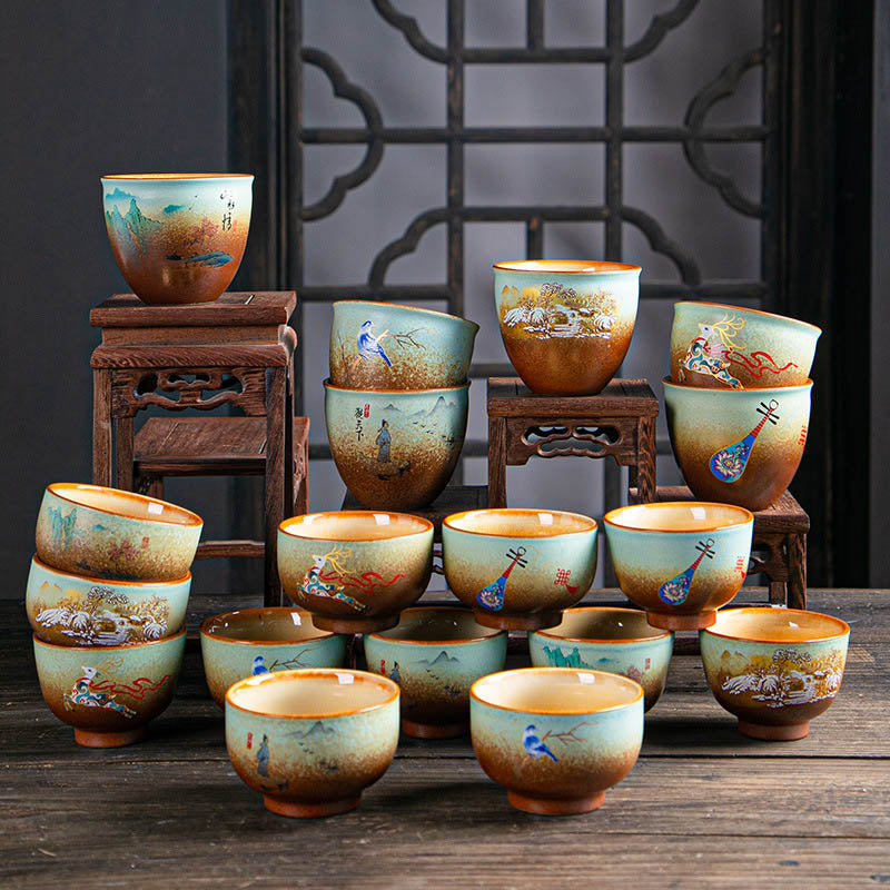 Buddha Stones, ciervo colorido, Pipa, nieve, flores de ciruelo, montañas, ríos, pájaro, taza de té de cerámica, tazón de té de Kung Fu