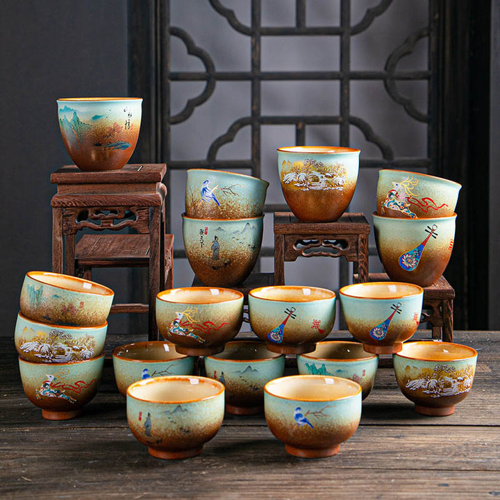 Buddha Stones, ciervo colorido, Pipa, nieve, flores de ciruelo, montañas, ríos, pájaro, taza de té de cerámica, tazón de té de Kung Fu