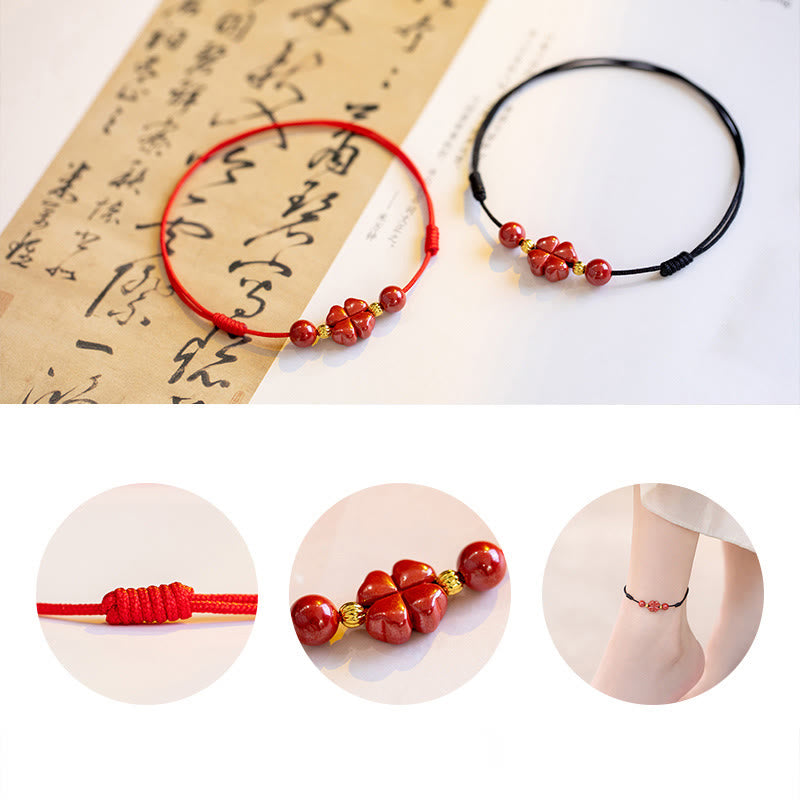 Pulsera tobillera con Buddha Stones, trébol de cuatro hojas, cinabrio, bendición, calma